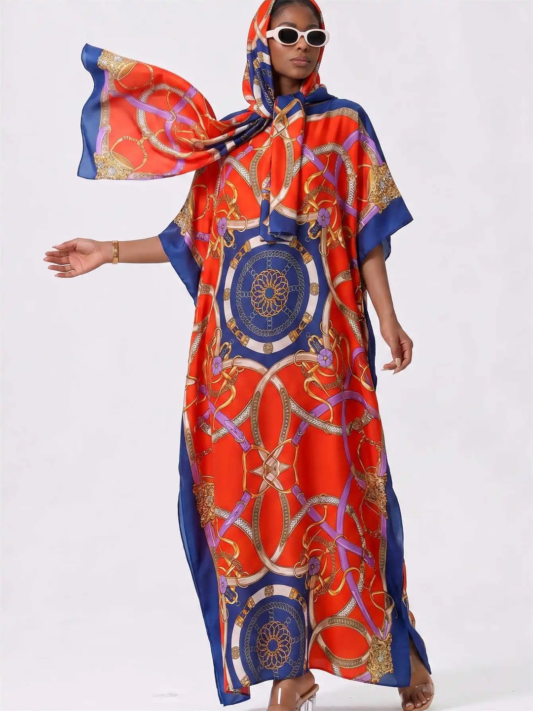 Women Muslim Kaftan Abaya With Matching Hijab Scarf Chain Print Maxi Dress Loose Batwing Sleeve Long Robe Set For Malay