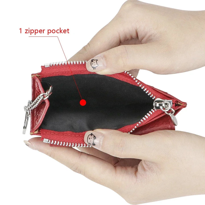 محفظة جلدية نسائية للبطاقات والعملات المعدنية مع سلسلة مفاتيح