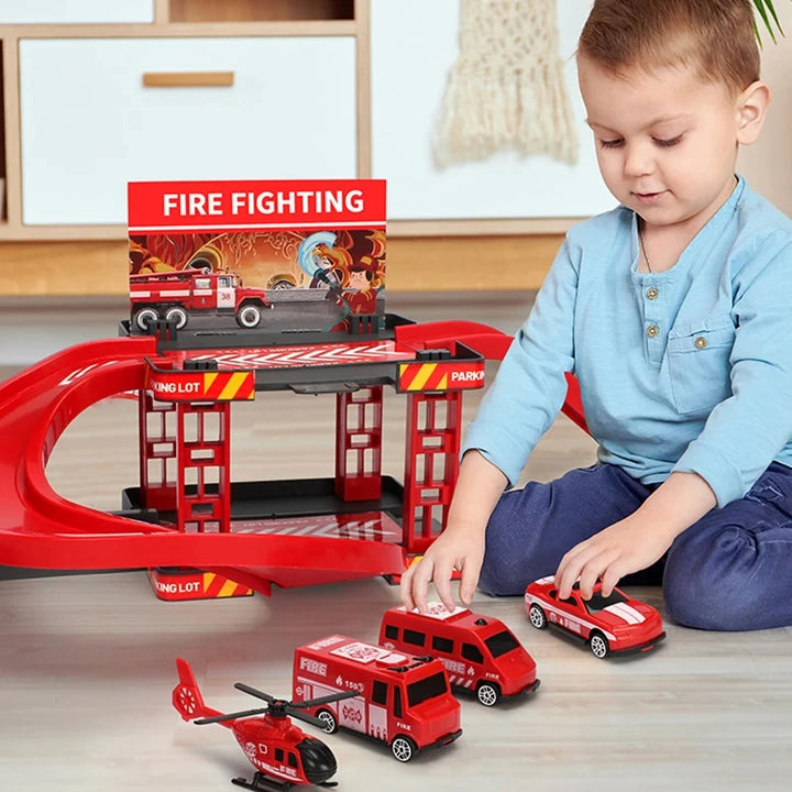 Kids Fire & Police Truck Parking Lot Playset