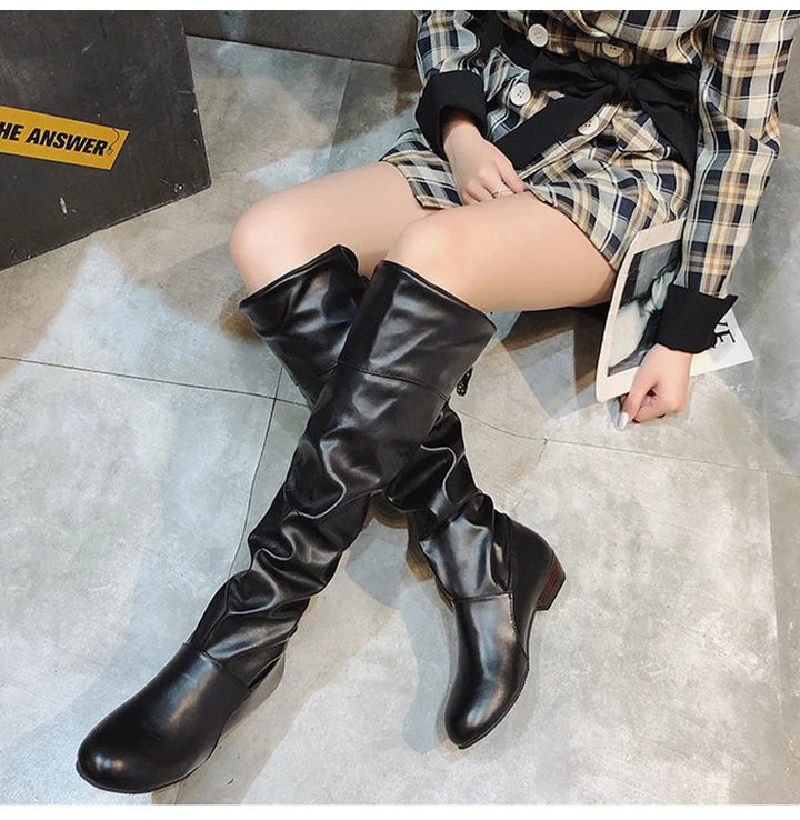 2024 Women’s Knee-High Boots – Pleated Leather, Low Heel, Casual Shoes