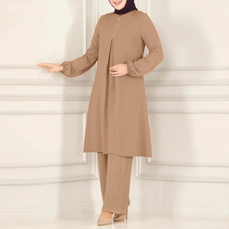 Casual Muslim Dress for Women Blouse 2 Piece Set Long Sleeve Shirt Wide Leg Pant Suits Saudi Arabic Dubai Dresses Autumn 2023