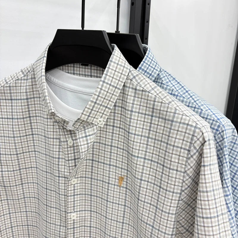 Short Sleeved Shirt for Men in Summer, Thin Design for Men, High-end Checkered Embroidered Shirt, Pure Cotton Top