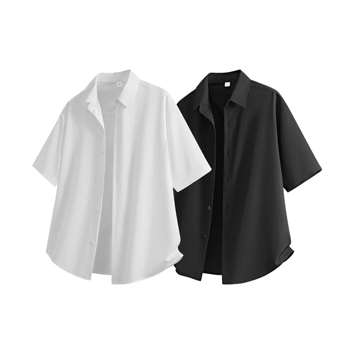 Short Sleeve White Shirts Men's Summer Anti-Wrinkle Business Loose Fit Ice Silk Shirt Youthful Button Iron-Free Black Work Shirt