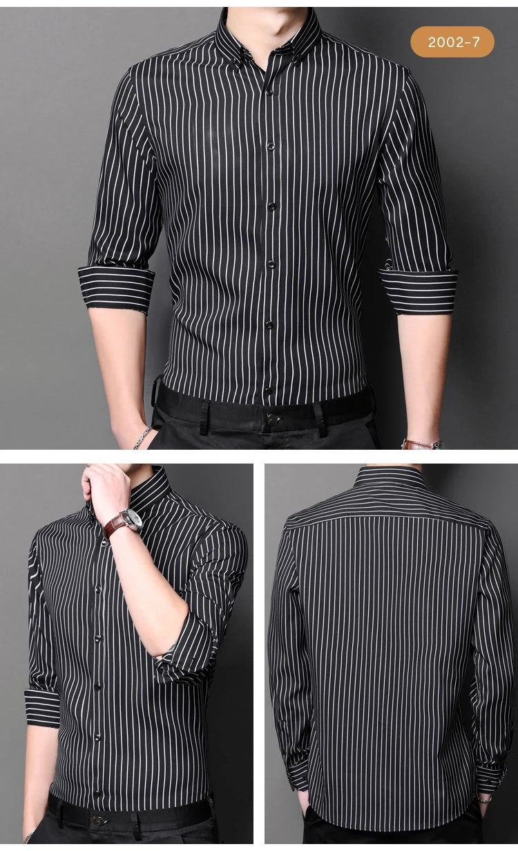 Men's Elegant  Striped Iron-Free Long Sleeve Dress Shirts - Breathable, Stretchy Casual Button Up Shirt For Formal Occasions