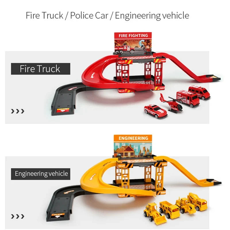 Kids Fire & Police Truck Parking Lot Playset