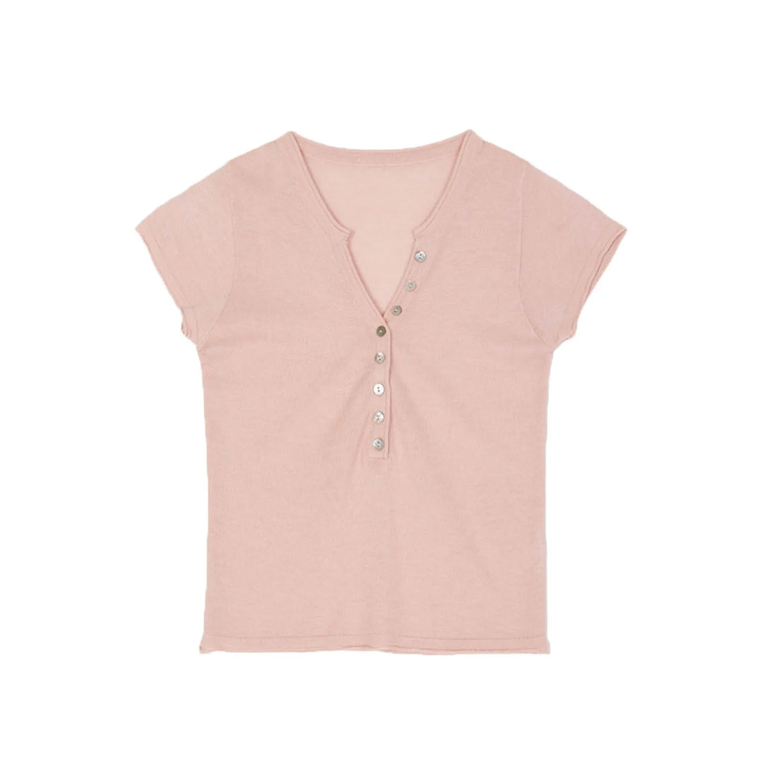 Shell Button Knit T-shirts Women Summer Simple Versatile Slim V-neck Short Sleeve Tess Sweet Korean Style Chic Tshirt Tops New