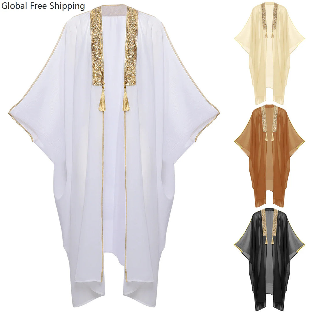 Men's Muslim Kimono-style Chiffon Robe Turkish Arabic Islamic Men's Muslim Robe Cosplay Ramadan Embroidered Robe Prayer Garment