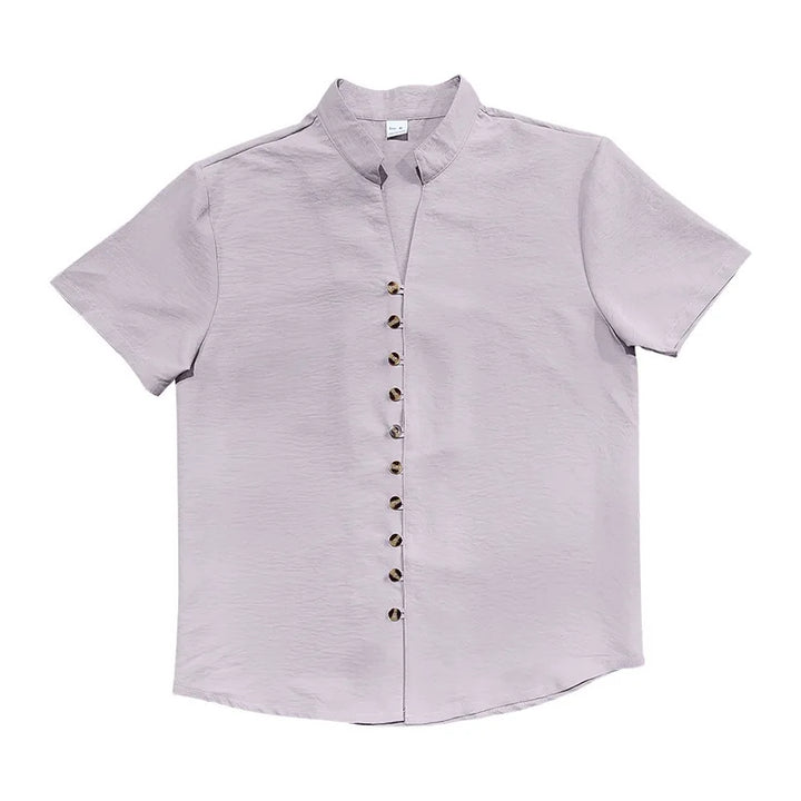 Summer New Short Sleeve Shirts for Men Fashion Solid Casual Linen Tops Breathable Stand Collar Loose Beach Blouses Men Clothing