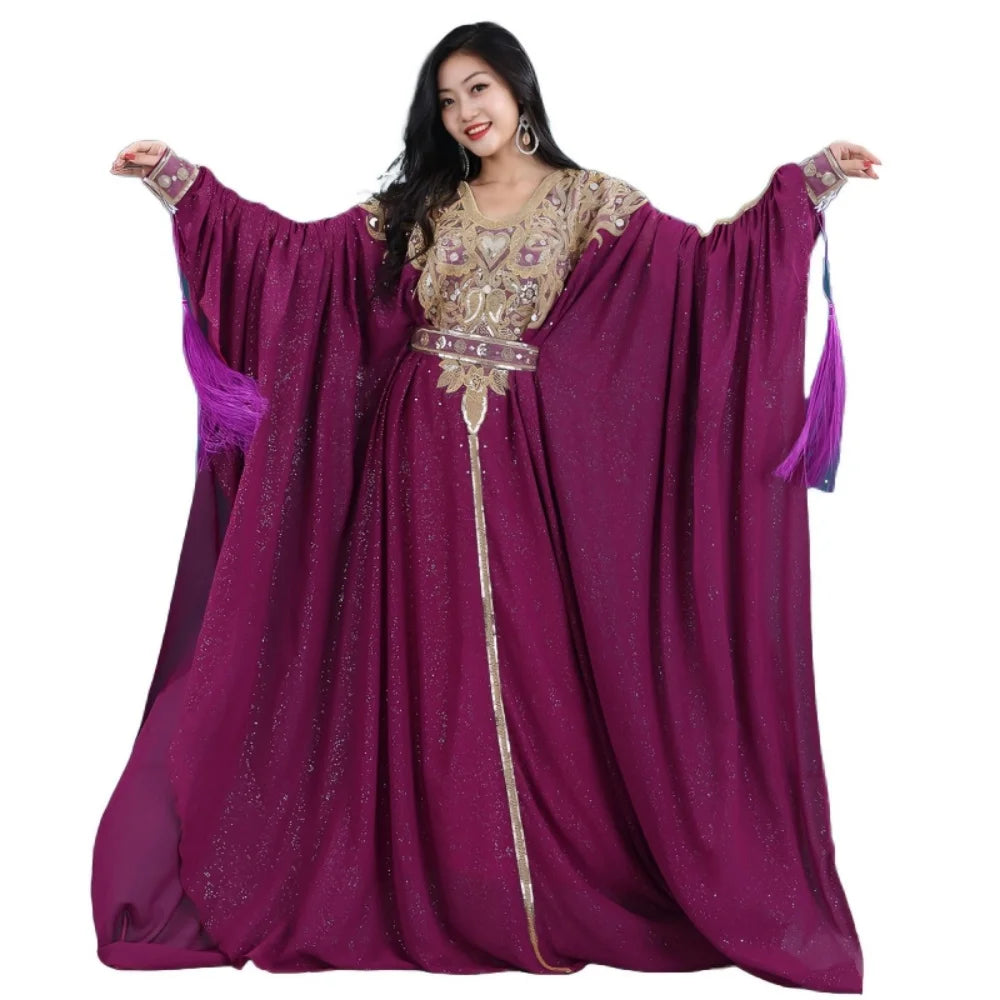 Khaleeji Gulf Dance Costume Women Gold Embroidery Kaftan Robe+Sleeveless Mermaid Slip Dress Belly Dance Performance Outfit