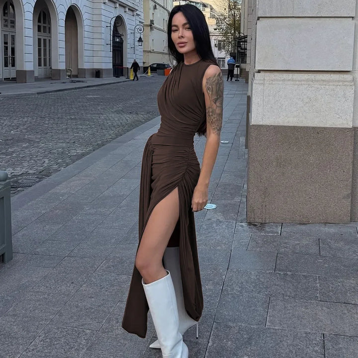 Woman Clothing O-neck Sleeveless Tunics High Slit Long Dress Streetwear Y2K Female High Waist Ruched Solid Holiday Party Dresses