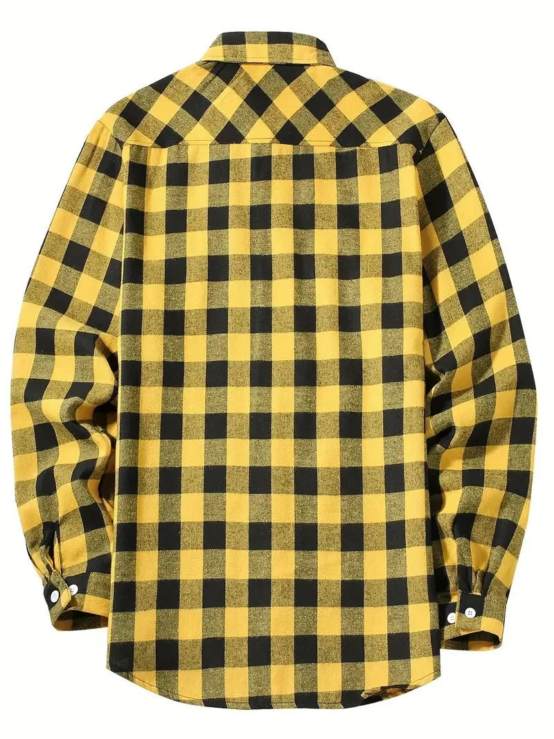 Mens Shirts Fashion Classic Plaid Cardigan Casual Shirt Long Sleeve Chest Two Pockets Turn-Down Collar Spring Autumn Men Tops