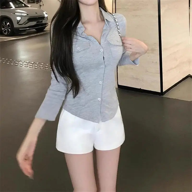 Black Shirts Woman Elegant Fashion Streetwear Female Slim Blouse Spring Summer Thin Y2K Casual Office Ladies Sexy Tops White
