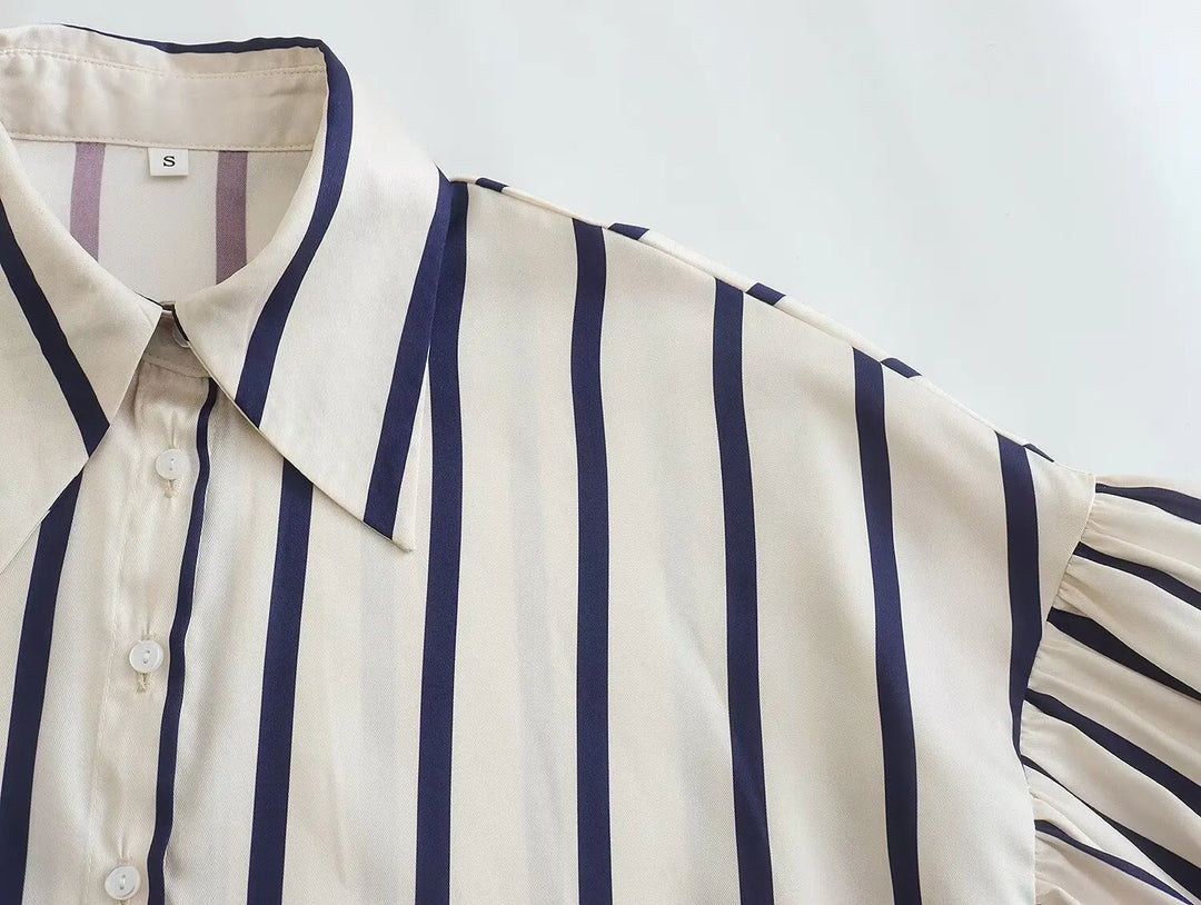 Women Striped Shirts Female Loose-Fit Bubble Sleeve Printed Shirts Lady Casual Youthful Energetic Short Sleeved Tops Clothing