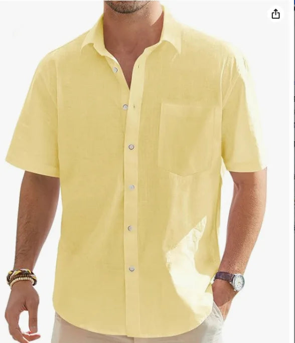 Men's Summer New Style European and American Fashion Classic Comfortable Breathable Cotton and Hemp Solid Color Top Shirt