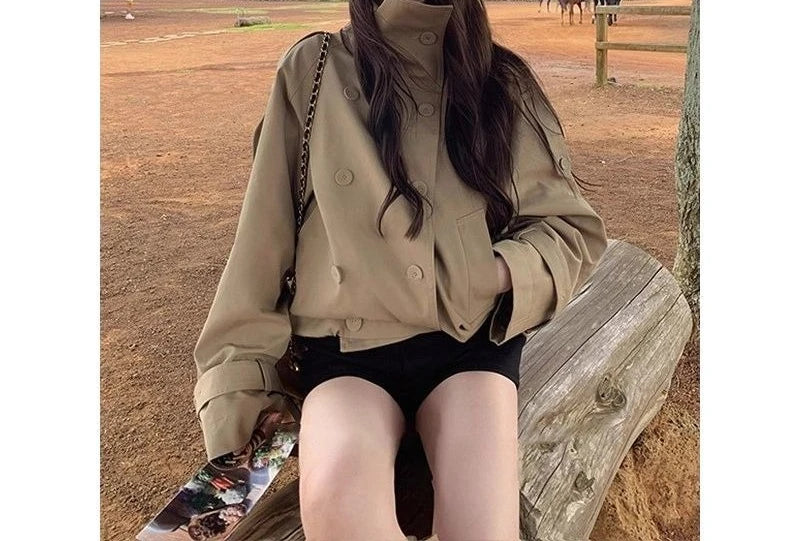 Khaki Standing Collar Short Windbreaker for Women 2025 New High-end Double Breasted Jacket