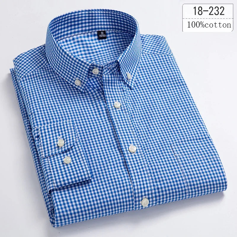 New in Shirt 100% Cotton Long-Sleeve Shirts for Men Slim Fit Plain Shirt Thin Plaid Striped Tops Fashion Elegants Office Clothes