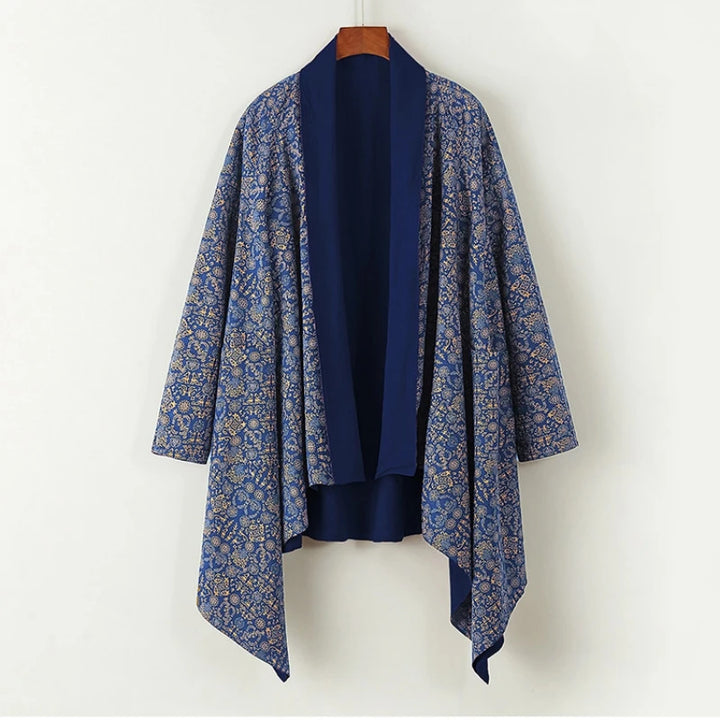 Men's Kimono Cardigan Japanese Samurai Costume Cotton Linen Haori Yukata Streetwear Retro Ethnic Robe Double-Sided Cloak Jacket
