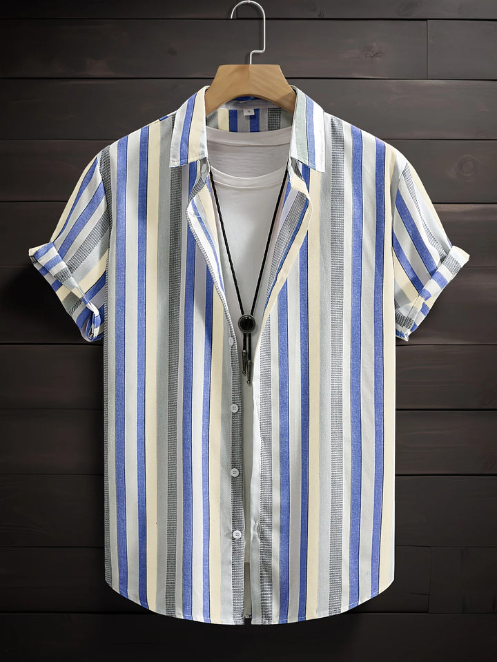 Men's Summer Beach Loose-fitting Shirt with a Sophisticated, Cool, and Retro-Style Striped Short-Sleeve Collar