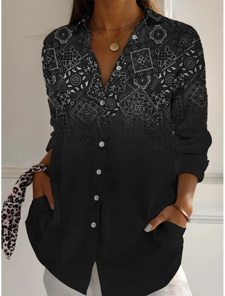 Women's Shirts Geometric Color Block Graphics Blouse Lapel Neck Blouse Women's Long Sleeve Shirts Womens Clothes Female Clothing