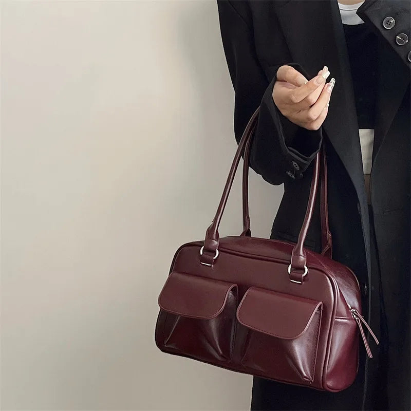 Vintage Women’s PU Leather Shoulder Bag – Large Burgundy Tote & Commute Purse