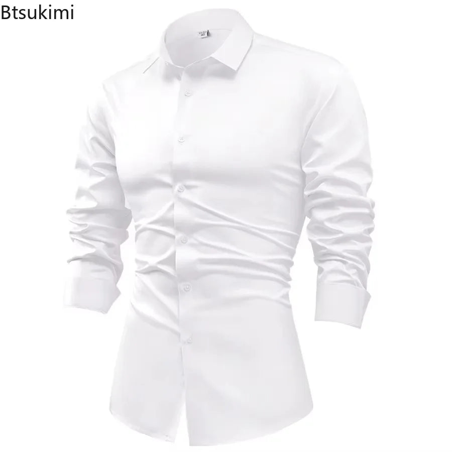 High-end Satin Shirts for Men Fashion Long Sleeved Solid Dress Shirts Men's Business Social Non-ironing Wrinkle-resistant Shirts