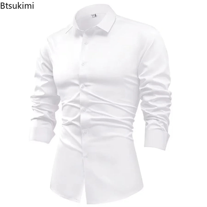 High-end Satin Shirts for Men Fashion Long Sleeved Solid Dress Shirts Men's Business Social Non-ironing Wrinkle-resistant Shirts