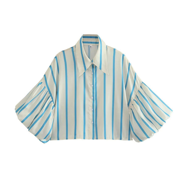 Women Striped Shirts Female Loose-Fit Bubble Sleeve Printed Shirts Lady Casual Youthful Energetic Short Sleeved Tops Clothing