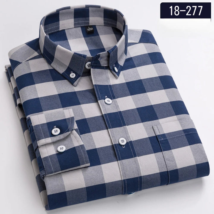 New in Shirt 100% Cotton Long-Sleeve Shirts for Men Slim Fit Plain Shirt Thin Plaid Striped Tops Fashion Elegants Office Clothes