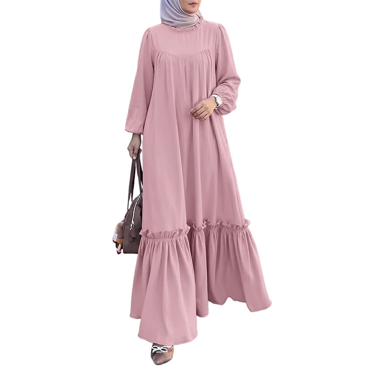 ZANZEA Muslim Modest Fashion Maxi Dress Women's Hijab O-Neck Long Sleeve Ruffled Hem Abaya Robes Islamic Ramadan Eid Kaftan