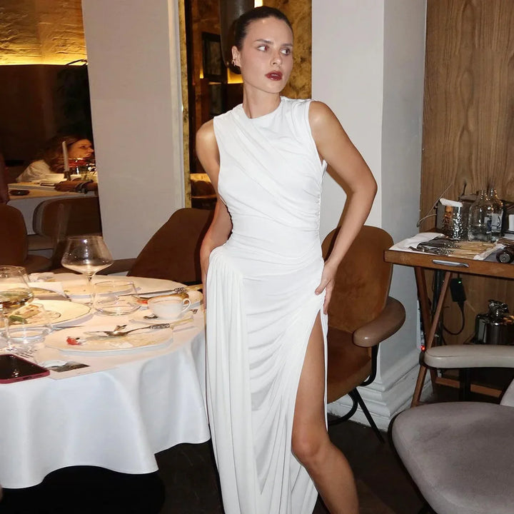 Woman Clothing O-neck Sleeveless Tunics High Slit Long Dress Streetwear Y2K Female High Waist Ruched Solid Holiday Party Dresses