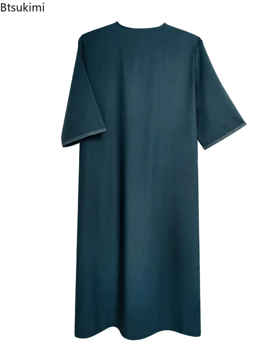 Middle East Kaftan Men's Muslim Fashion Abayas Short Sleeve Casual Robe Breathable Ethnic Style Embroidered Men Moroccan Thobe