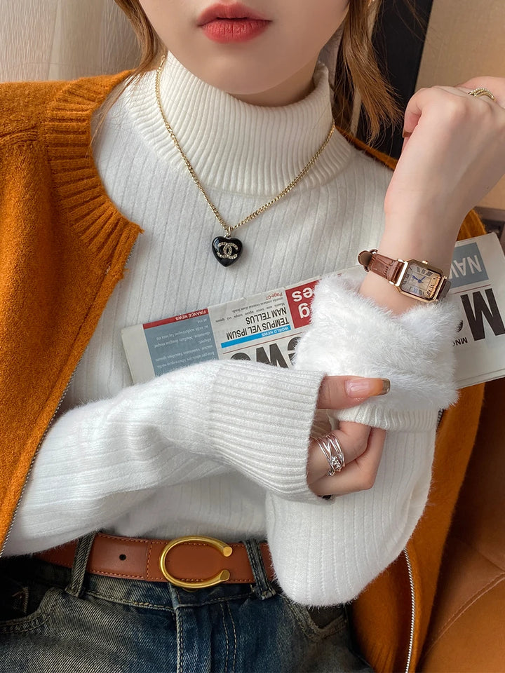 2025 Women’s Turtleneck Sweater – Thick Velvet-Lined Winter Pullover