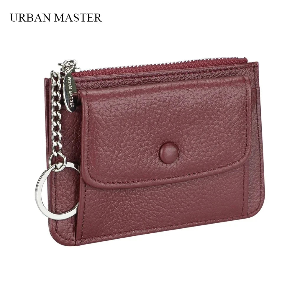 محفظة جلدية نسائية للبطاقات والعملات المعدنية مع سلسلة مفاتيح