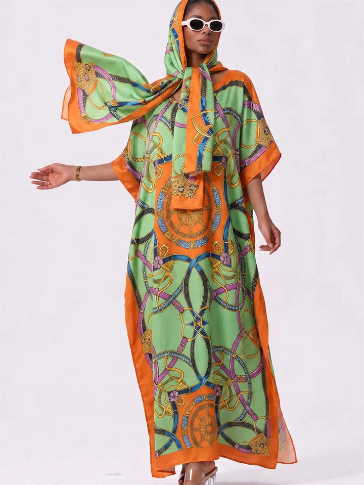 Women Muslim Kaftan Abaya With Matching Hijab Scarf Chain Print Maxi Dress Loose Batwing Sleeve Long Robe Set For Malay