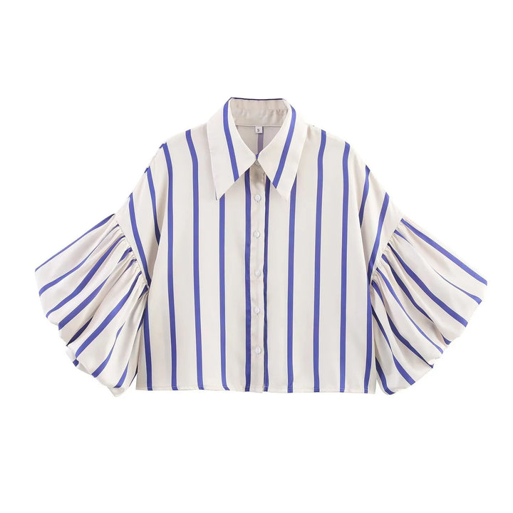 Women Striped Shirts Female Loose-Fit Bubble Sleeve Printed Shirts Lady Casual Youthful Energetic Short Sleeved Tops Clothing