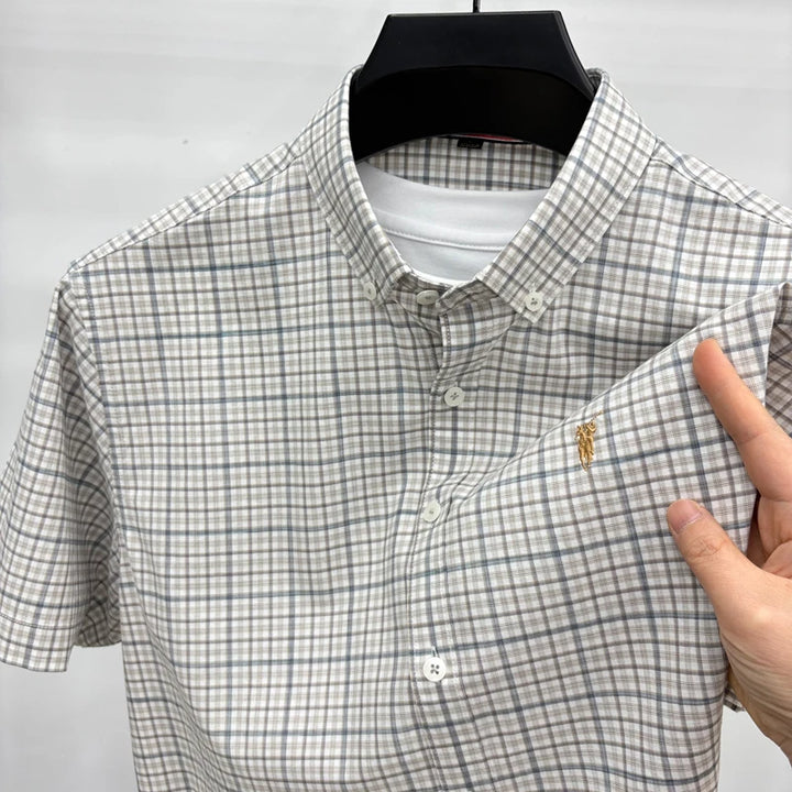 Short Sleeved Shirt for Men in Summer, Thin Design for Men, High-end Checkered Embroidered Shirt, Pure Cotton Top