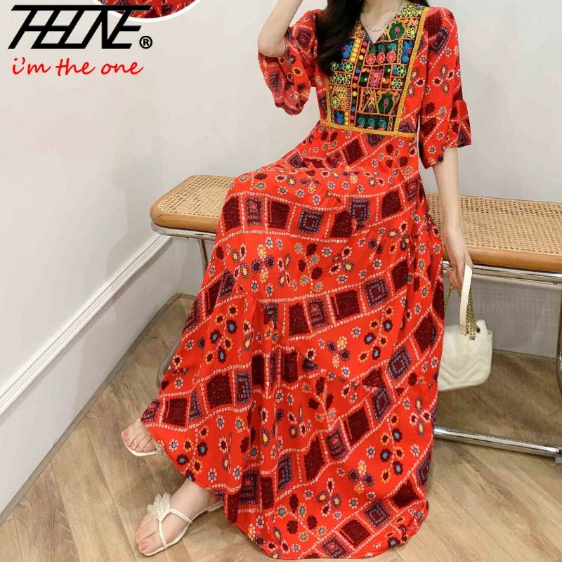Women’s Indian Summer Dress – Embroidered Elegant Maxi Party & Beach Dress