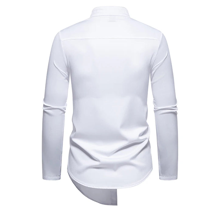 Mens Dress Shirts Vintage Personality Irregular Crop Long Sleeve Business Stand Collar Shirt Men Camisas Streetwear Blusas Tops
