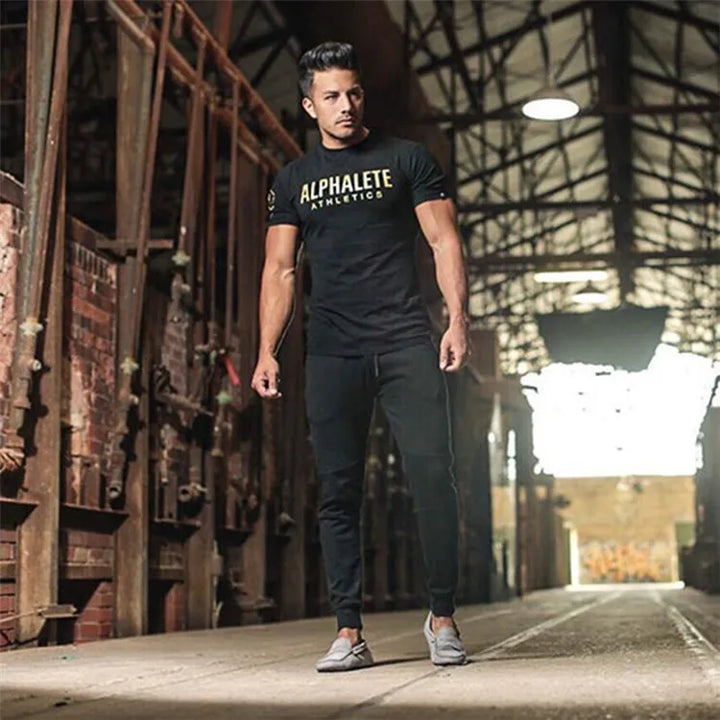 Men Muscle Shirts Cotton Elastic Slim Fit for Men Workout Casual Bodybuilding T-shirt Letter Printed