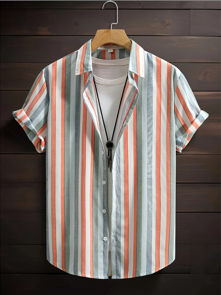 Men's Summer Beach Loose-fitting Shirt with a Sophisticated, Cool, and Retro-Style Striped Short-Sleeve Collar