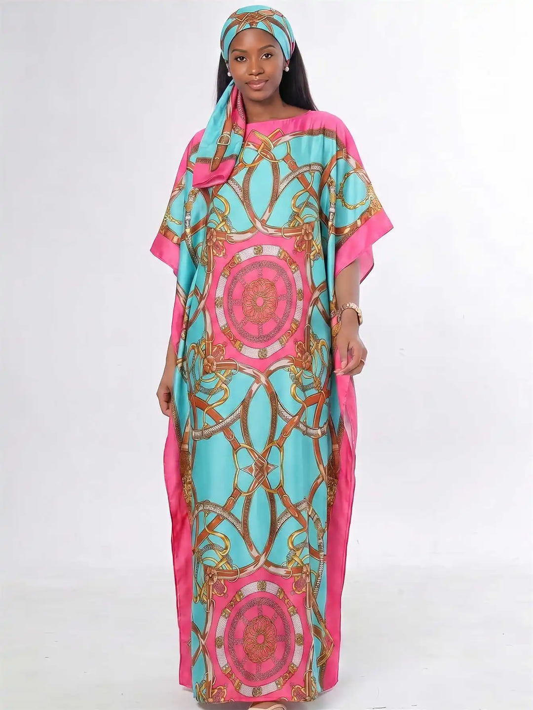 Women Muslim Kaftan Abaya With Matching Hijab Scarf Chain Print Maxi Dress Loose Batwing Sleeve Long Robe Set For Malay
