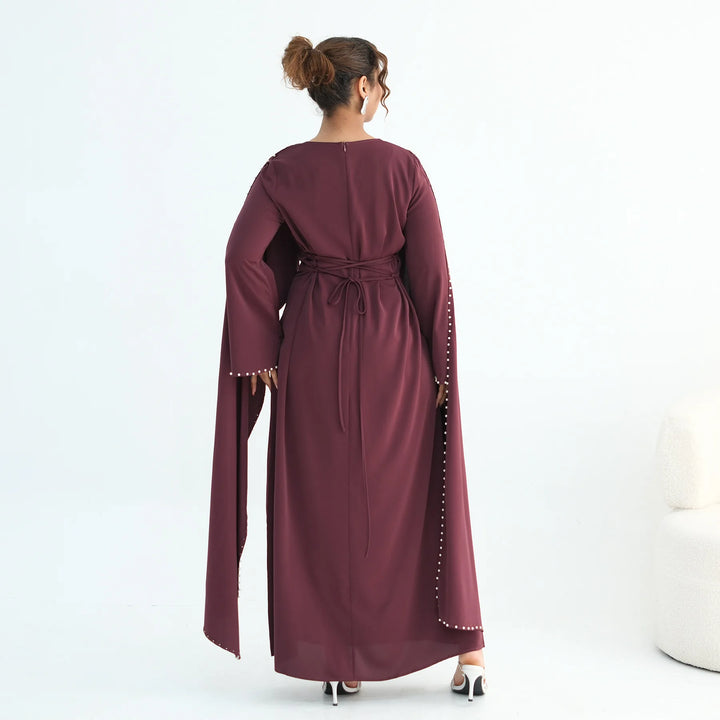 Luxury Dubai Shawl Abaya Elegant Beaded Waist Cinching Kaftan Muslim Women Traditional Dress Maxi Long Sleeve Robe Eid Outfit