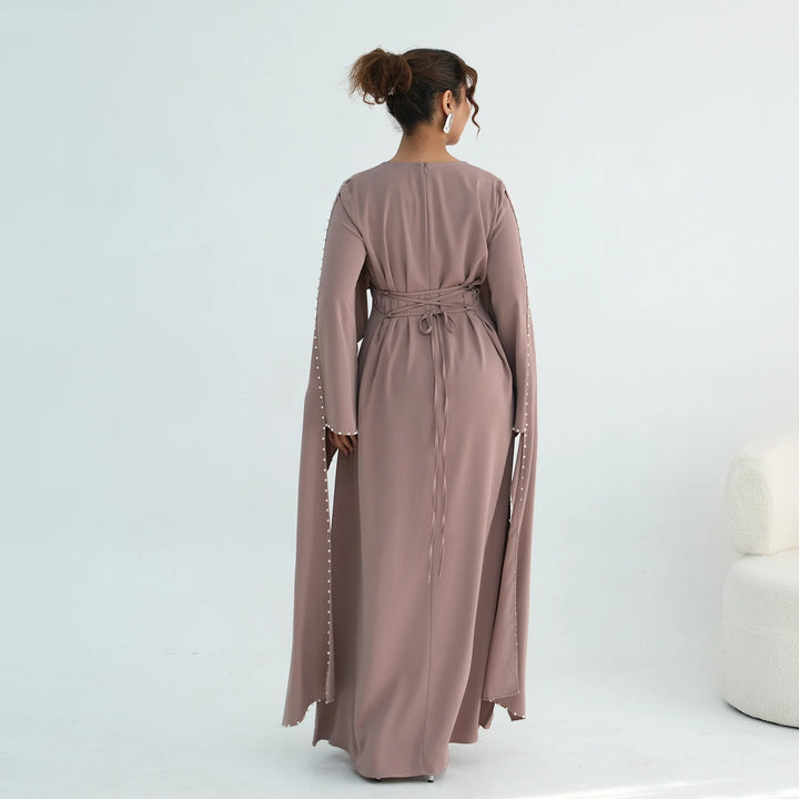 Luxury Dubai Shawl Abaya Elegant Beaded Waist Cinching Kaftan Muslim Women Traditional Dress Maxi Long Sleeve Robe Eid Outfit