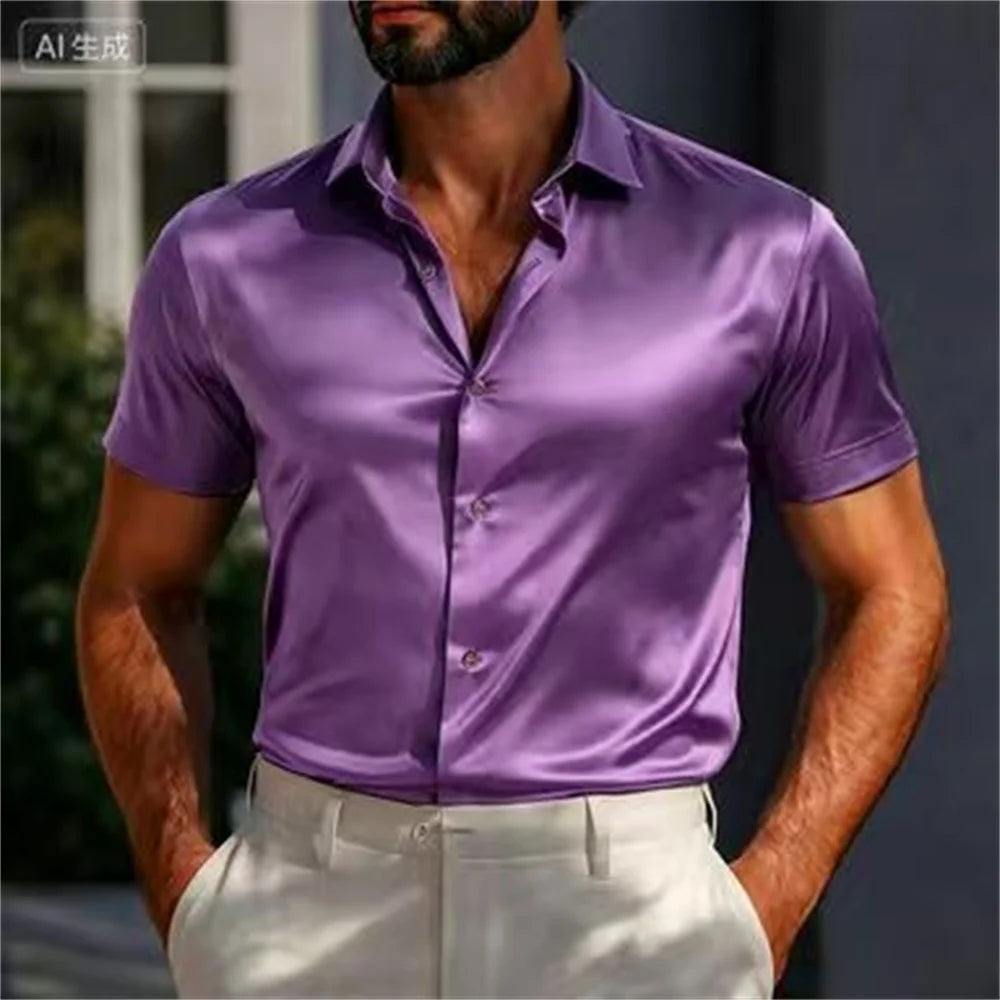 Men's Shirts Satin Shirts Formal Shirts Solid Color Daily Outdoor Light Blue Black White Navy Blue Short Sleeve Cuffed Summer Cl