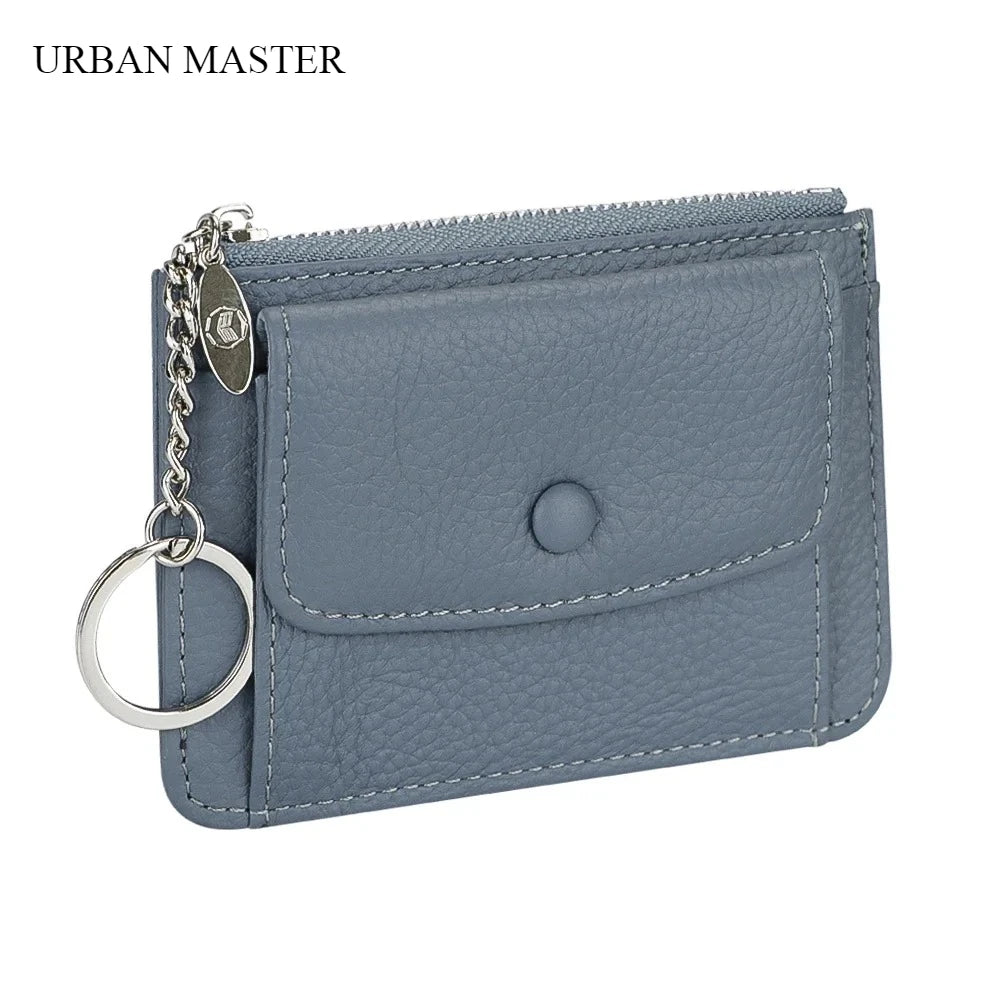 محفظة جلدية نسائية للبطاقات والعملات المعدنية مع سلسلة مفاتيح