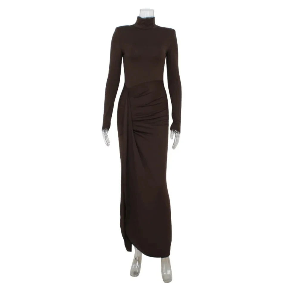 Women‘’s Dresses Autumn and Winter Fashion Sexy High-neck Long-sleeve Solid Color Dress with Waist Tie Club Long Dress