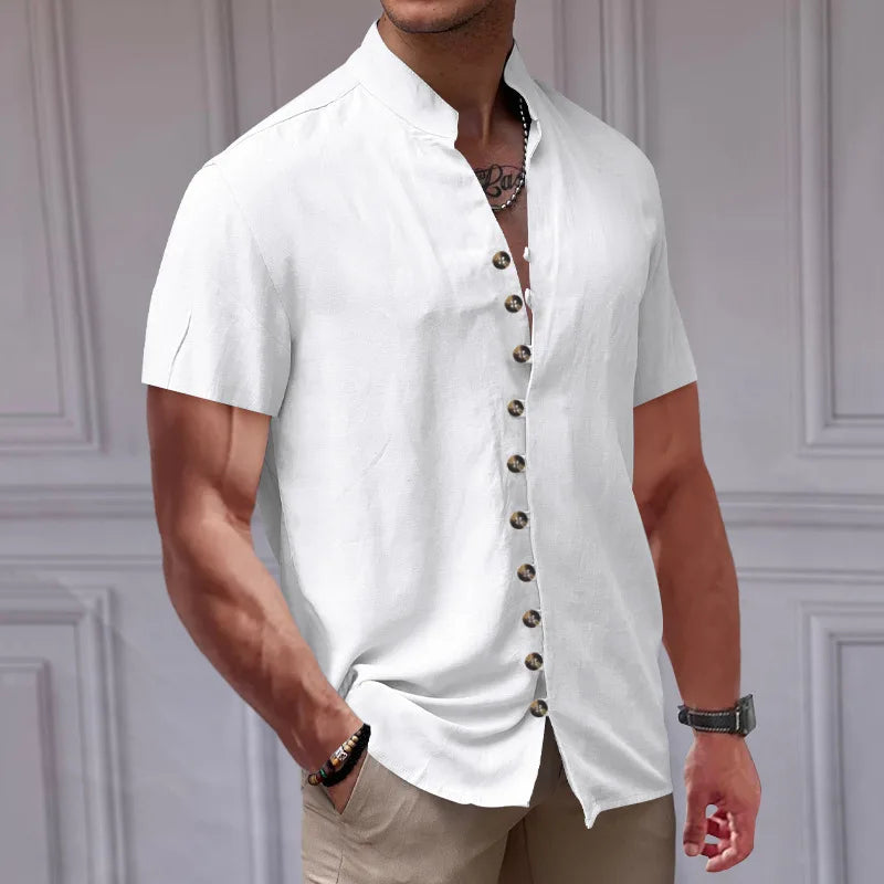 Summer New Short Sleeve Shirts for Men Fashion Solid Casual Linen Tops Breathable Stand Collar Loose Beach Blouses Men Clothing