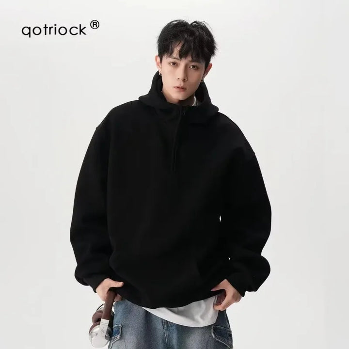 Men's Clothing American Half-zip Hooded Sweatshirt for Men Trendy Brand Spring Autumn Sports Versatile