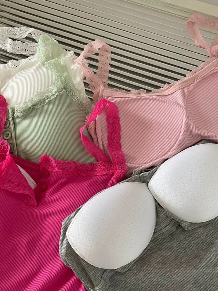 Women’s Sexy Lace Cropped Top – Sleeveless Camisole with Built-In Cups