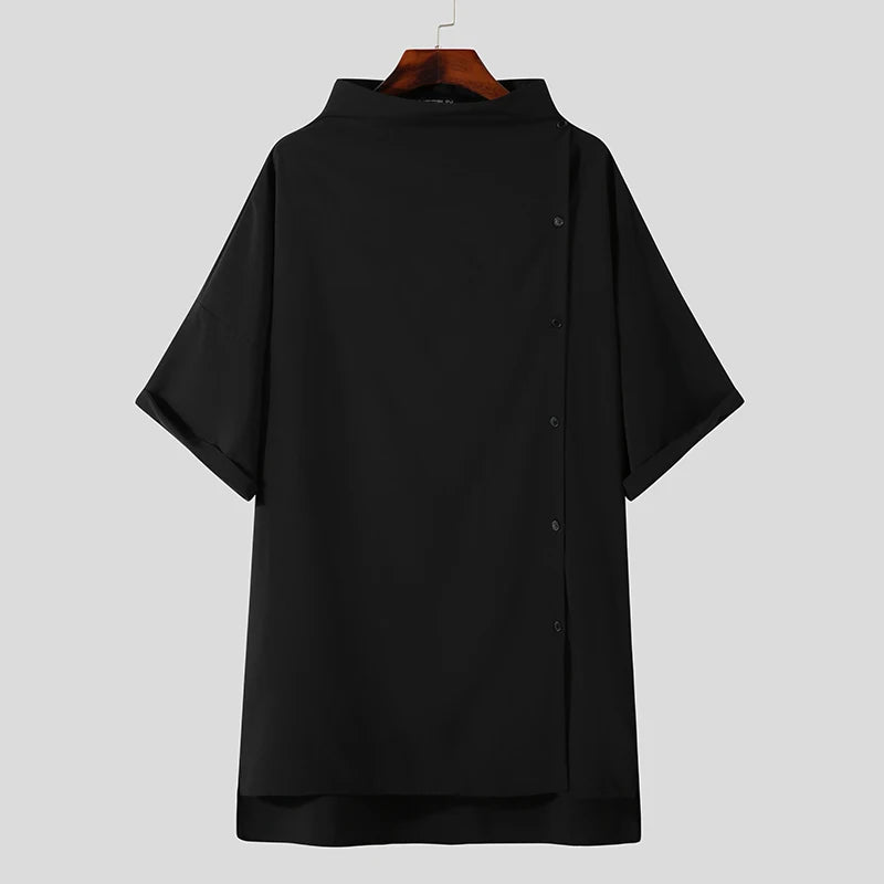 Handsome Well Fitting Men's Casual Shirts Solid Color Turtleneck Half Sleeve Button Up Camisa Masculina S-5XL INCERUN Tops 2023